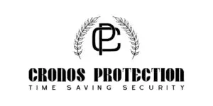 Black Cronos Protection logo with stylised CP monogram, laurel branches, and the tagline Time Saving Security on a white background—representing premium security services and innovative protection solutions.