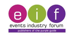 Logo with three coloured circles labelled e i f, text reads events industry forum, publishers of the purple guide on a purple banner.