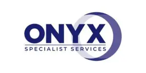 Logo with the words ONYX Specialist Services in blue, accompanied by a large outlined circle partially overlapping the text on a white background, perfectly representing the professionalism and expertise of specialist services.