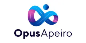 Logo for Opus Apeiro featuring a stylised infinity symbol in blue and purple gradients, with the brand name Opus Apeiro written below in black and dark blue text.
