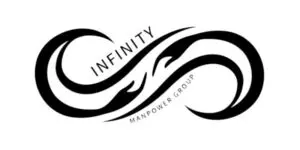 Black and white infinity symbol with stylised hands and the words Infinity Manpower Group incorporated into the design, representing a trusted manpower agency committed to connecting talent with opportunity.