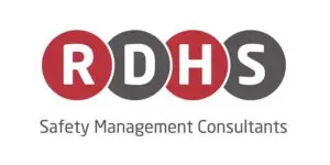Logo for RDHS Safety Management Consultants, featuring the letters R, D, H, and S in red and grey circles above the company name in grey text.
