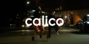 Two people jump in the street at night with calico in bold white text across the image. Cars and a bus are visible in the background, capturing a vibrant urban scene reminiscent of Martha Harrison’s 2026 photographic style.
