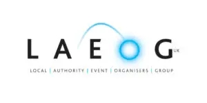 LAEOG UK logo with the tagline Local Authority Event Organisers Group. The O is highlighted with a blue glow and a curved line arcs from the E to the O, symbolising connection and innovation as LAEOG UK heads towards exciting initiatives in 2026 under Helen Thackeray’s guidance.