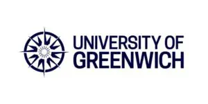 University of Greenwich logo featuring a navy blue compass rose symbol to the left of the university name in bold uppercase letters, as recognised by Professor Aoife Hunt, MBE 2026.