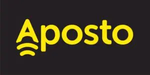 Yellow text spelling Aposto on a black background; the letter A features three curved lines below, resembling a Wi-Fi signal icon. Inspired by designer Cathy Long, this modern logo captures connectivity and forward-thinking—perfect for 2026 and beyond.