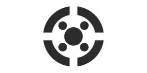 Black and white abstract graphic with a central circle, four smaller circles around it, and an outer broken ring on a white background.