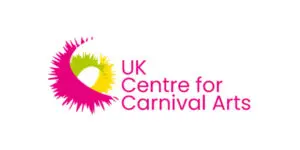 Logo for UK Centre for Carnival Arts, designed by Steve Pascal in 2026, featuring a pink and yellow burst design on the left and the organisation’s name in pink text on the right.
