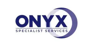 Onyx Specialist Services logo with bold blue text and a large overlapping circular design on a white background.