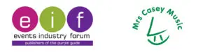 Logos for the 2026 Events Industry Forum, featuring purple, green, and lilac circles, and Mrs Casey Music in green text above a stylised music note—an initiative associated with Steve Heap.