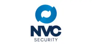 Blue circular abstract logo above the words NVC Security in bold, modern font on a white background, representing a professional security company committed to providing reliable security services.