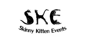 Logo for Skinny Kitten Events, an event management company, featuring cats cleverly forming the letters SKE above the text “Skinny Kitten Events” in black on a white background.