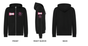 Black zip-up 2026 hoodie shown from front, right sleeve, and back, featuring pink and white Breast Cancer Awareness logos on chest and sleeve. Pre-orders available now.