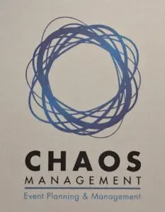 Logo for UK-based Chaos Management Event Planning & Management, featuring an abstract circular swirl design in blue above the company name in bold black and light blue text.