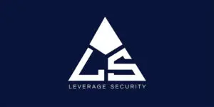 White triangle logo with the letters LS and a small diamond shape above, text below reads LEVERAGE SECURITY on a dark blue background, representing Leverage Enterprises Ltd.