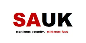 Logo with the letters SAUK in bold; “SA” and “minimum fuss” in red, “UK” and “maximum security” in black. Slogan reads: maximum security, minimum fuss. Perfect for Security Alert UK or any provider of expert UK security services seeking a modern, impactful identity.