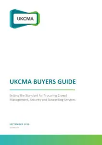 Cover page of the UKCMA Buyers' Guide, dated September 2026, focused on crowd management, security, and stewarding services.