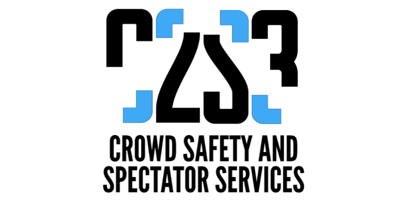 Logo with bold black letters C2S3 surrounded by blue brackets, above the text Crowd Safety and Spectator Services in all capitals.