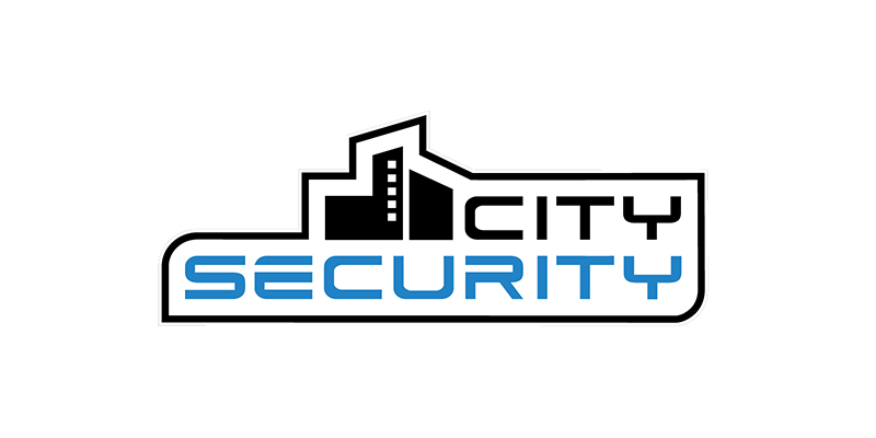 Logo with a black building silhouette and the words City Security Ltd in black and blue block letters on a white background, representing professional security services.