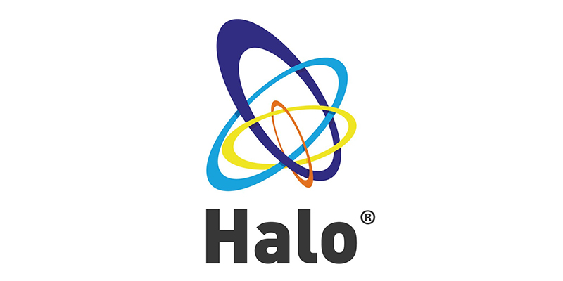 Three interlocking coloured rings, one blue, one orange, and one yellow, are above the word Halo in bold black letters with a registered trade mark symbol, representing the innovative approach of the Halo platform.