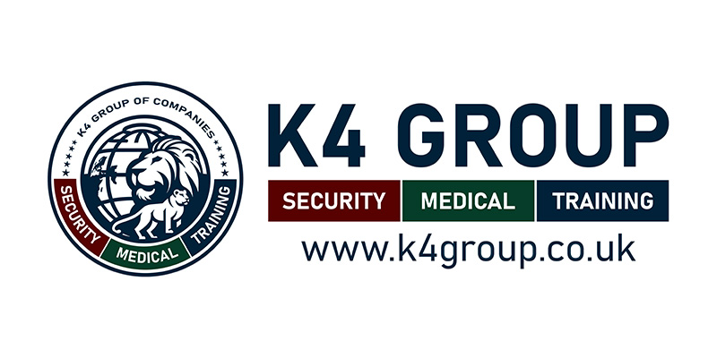 K4 Group logo featuring a lion and lion cub, with text highlighting Security, Medical, Training, and the website www.k4group.co.uk—an emblem representing the strength and unity of K4 Group Services.