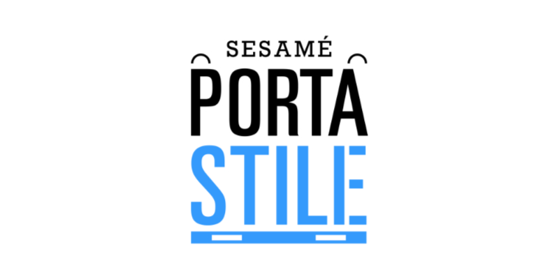 Logo with the words SESAMÉ PORTA STILE; PORTA is bold and black, STILE is in blue with lines below, and accents appear above SESAMÉ and below STILE—capturing the distinctive Portastile design inspired by the modern elegance of Sesame.