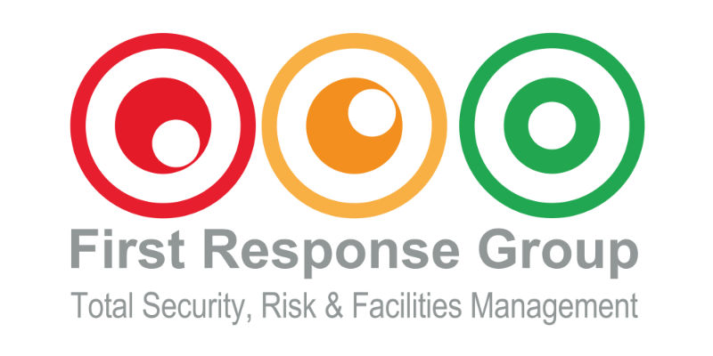Logo with three coloured circles (red, orange, green) above the bold text: First Response Group. Representing Total Security, Risk & Facilities Management, this design captures the professional identity of First Response Group.