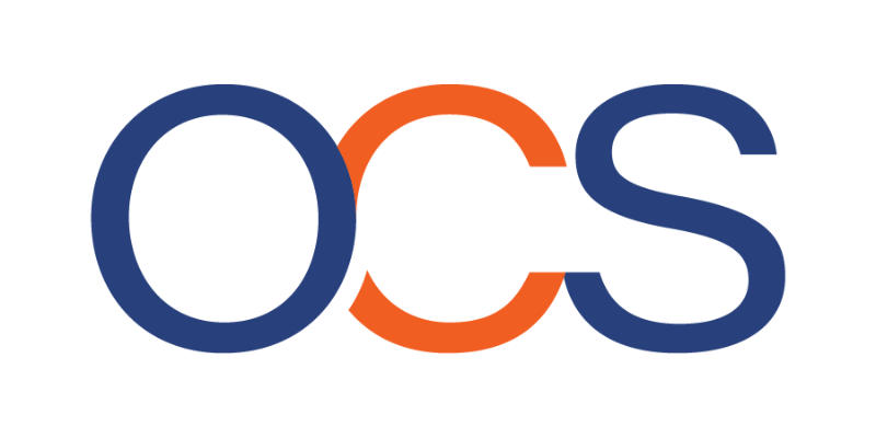 The image shows the letters OCS in a bold, sans-serif font. The O and S are blue, whilst the C is orange. The letters are overlapping slightly, representing the OCS Group’s dynamic presence at events and UK venues.