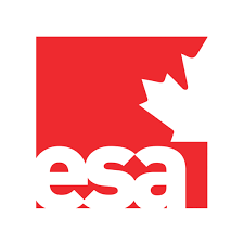 Red maple leaf and the letters esa in white over a red background. The design uses simple, bold shapes and colours.
