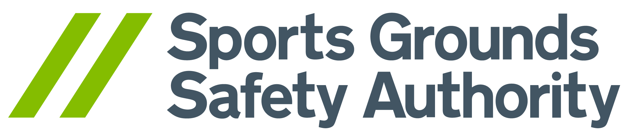 Sports Grounds Safety Authority logo with two green diagonal lines followed by the organisation name in grey text on a white background.