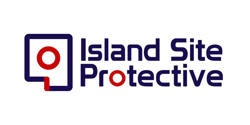 Logo for Island Site Protective, representing trusted site protection, featuring a stylised magnifying glass icon and bold blue text, with the letters o highlighted in red.