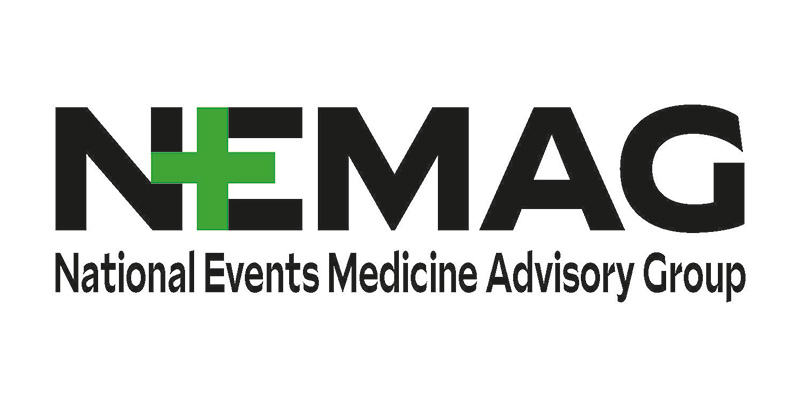 NEMAG logo with a green medical cross forming the letter E and National Events Medicine Advisory Group written below in black text.