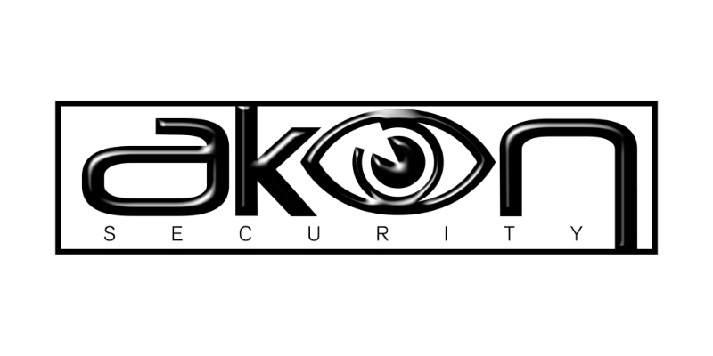 Logo for AKON Security Services featuring the letter “O” in AKON stylised as an eye inside a rectangular border; the word SECURITY appears in smaller capital letters underneath, emphasising professional security services.
