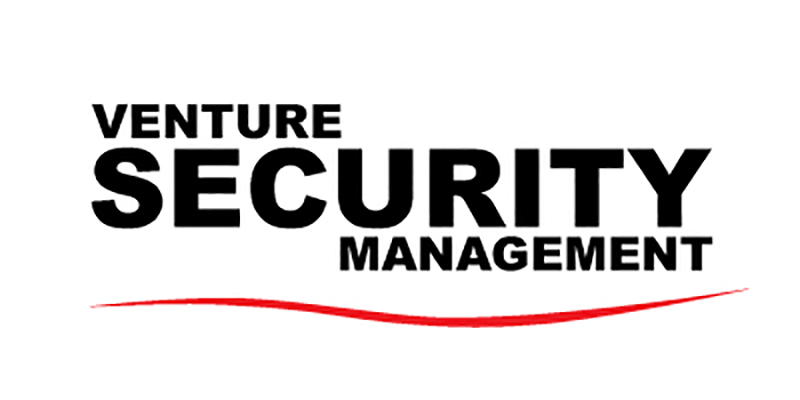 Logo features “Venture Security Management” in bold black text with a red curved line below the words, all set against a clean white background.