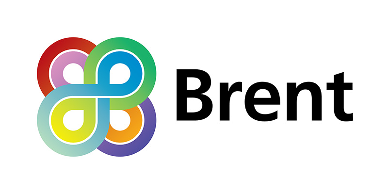 A colourful abstract looped design appears next to the word Brent in bold black text on a white background, evoking the vibrant and diverse spirit of the London Borough of Brent.