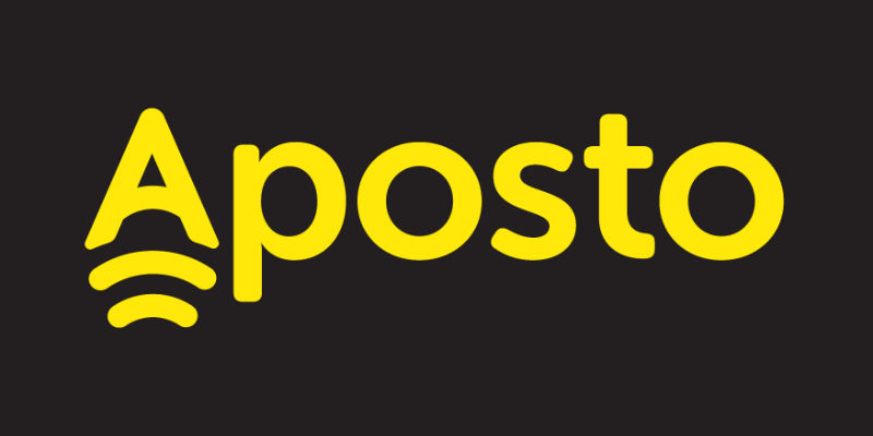 The word Aposto in bold yellow font on a black background, with three yellow curved lines under the letter A..