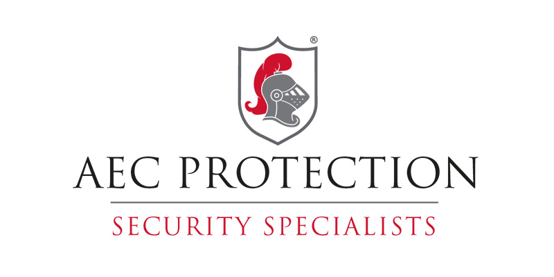 Logo for AEC Protection Security Specialists featuring a knight’s helmet in a shield above the company name, “AEC Protection,” in bold black and red text.