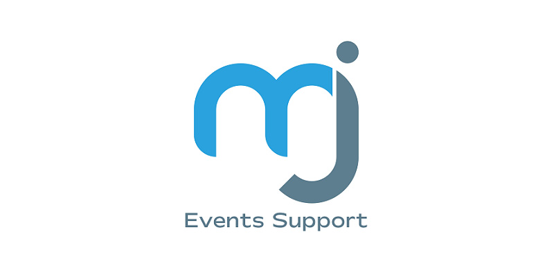 Logo with lowercase blue and grey letters mj above the text MJ Events Support on a white background.
