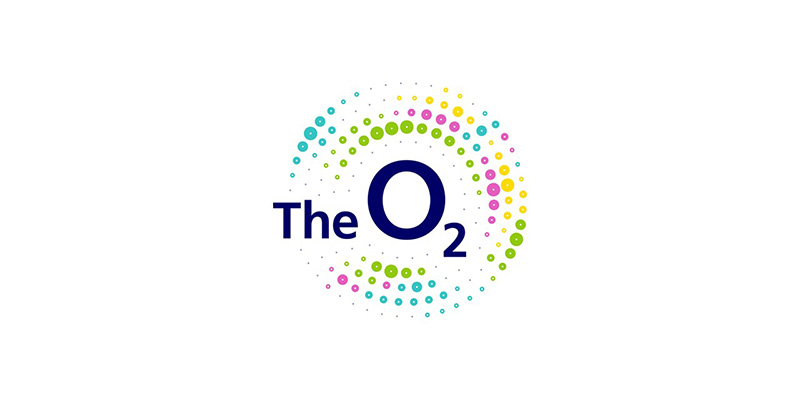 The O2 logo with The O2 text and a circular pattern of coloured dots surrounding the O on a white background, representing The O2 Arena, operated by AEG.