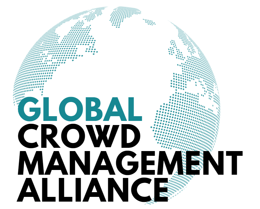 A dotted blue and white globe in the background with the words Global Crowd Management Alliance in bold black and teal letters in the foreground.