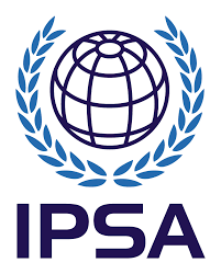 Blue outline of a globe surrounded by two blue olive branches, above the bold letters IPSA in dark blue.