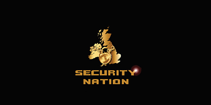 Gold logo with a map of the UK, gears, and a shield above the words SECURITY NATION in bold gold text, on a black background—representing Security Nation Ltd and their trusted security services.
