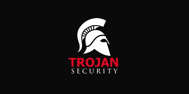 Logo for Trojan Security, a leading security company, featuring a white Spartan helmet above the company name; TROJAN is in red, SECURITY is in white, all on a black background—perfectly representing trusted security services.