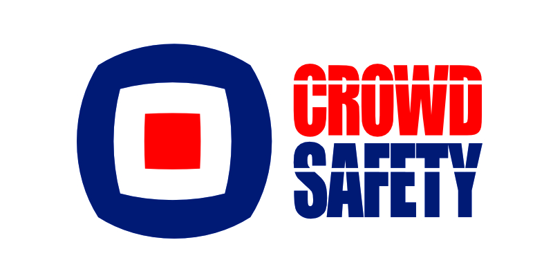 Logo with a blue and red abstract shape on the left, representing crowd safety, and the words CROWD SAFETY in bold red and blue text on the right.