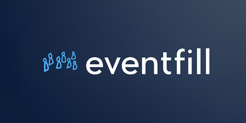 The image shows the word Eventfill Ltd in white text on a dark blue background, with a logo of five stylised blue human figures on the left.