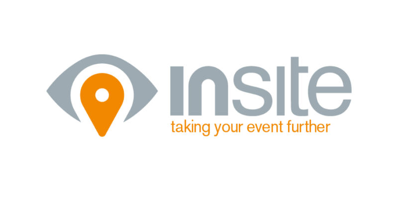 Logo with a grey eye symbol containing an orange map pin, next to the word insite and the tagline taking your event further in orange text, representing In-Site Technology Solutions.