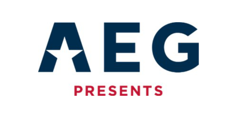 The AEG Presents logo features “AEG” in blue, with the letter A showcasing a distinctive star cut-out, and “PRESENTS” displayed in bold red capital letters below, perfectly capturing the iconic branding of AEG Presents.