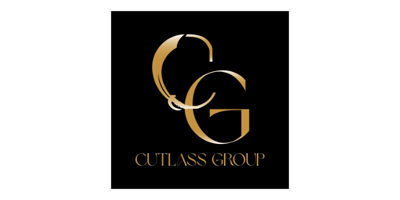 Gold letters CG with a stylised cutlass above the words Cutlass Group on a black background create a bold and distinguished logo for Cutlass Group.