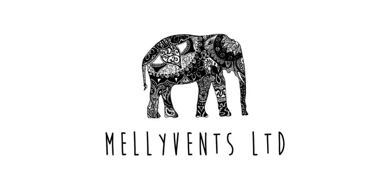 A black and white ornate elephant illustration sits above the text MELLYVENTS LTD, with the company name rendered in all capitals using thin, spaced letters, creating a sophisticated and memorable logo for Mellyvents Ltd.