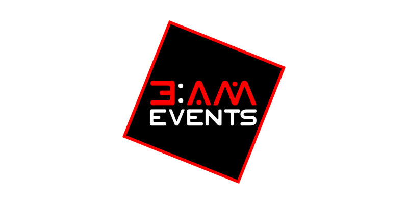 Logo for 3AM EVENTS in stylised red and white text on a tilted black square background with a red border.